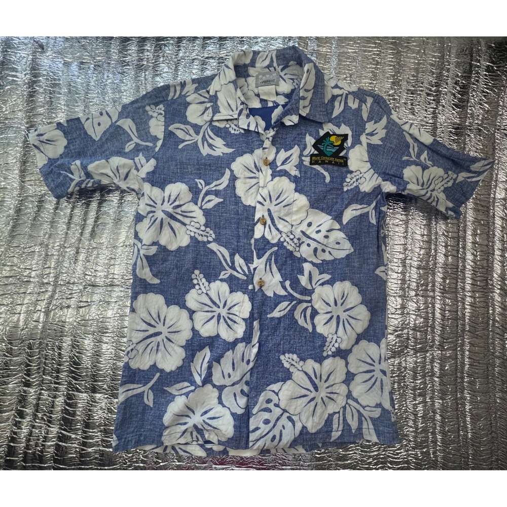 Vintage Hawaii ID Aloha Shirt World Corporate Games 1990 Blue Hibiscus Floral M
